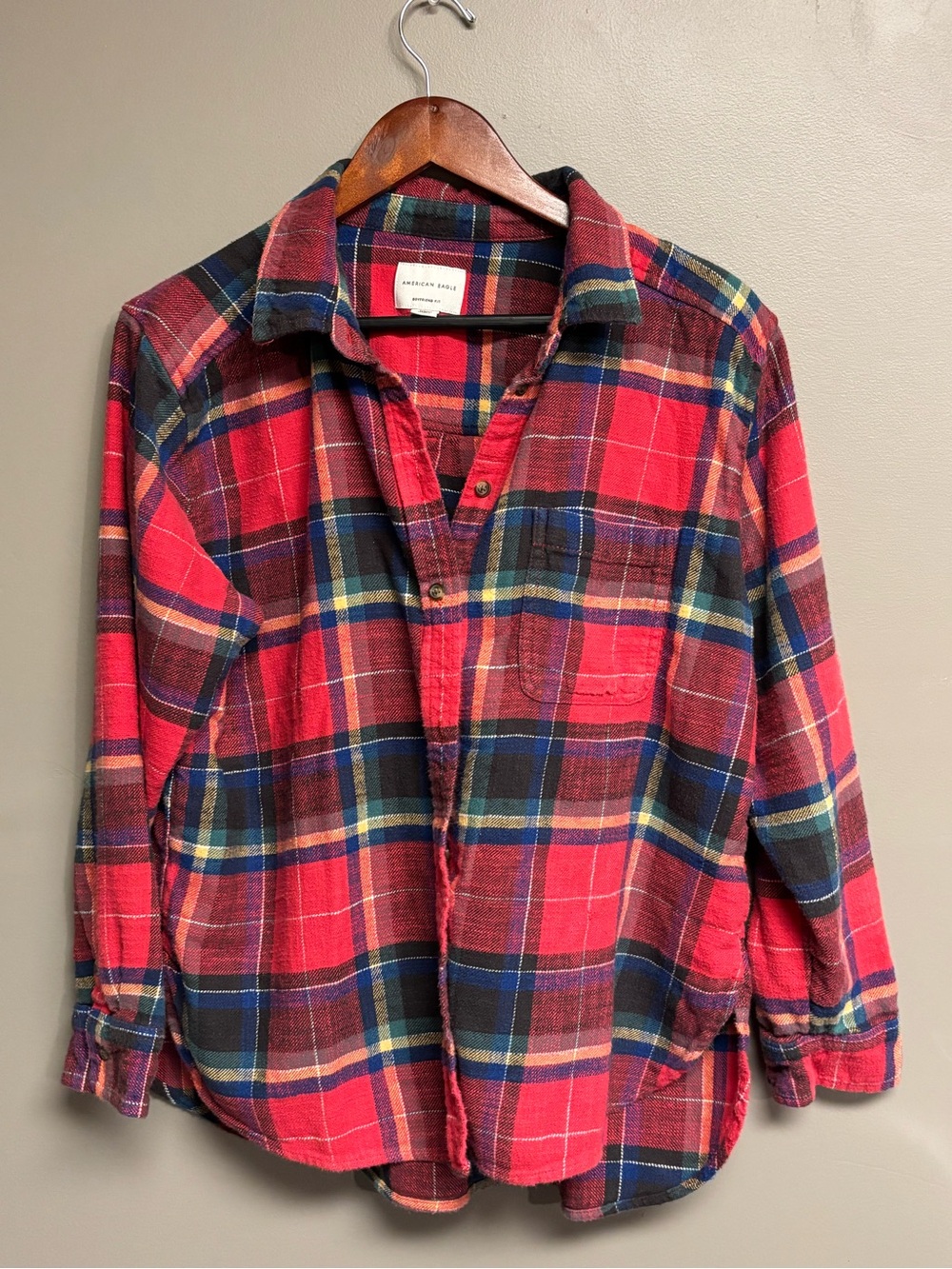 American Eagle woman’s Red Plaid Boyfriend Flannel Shirt